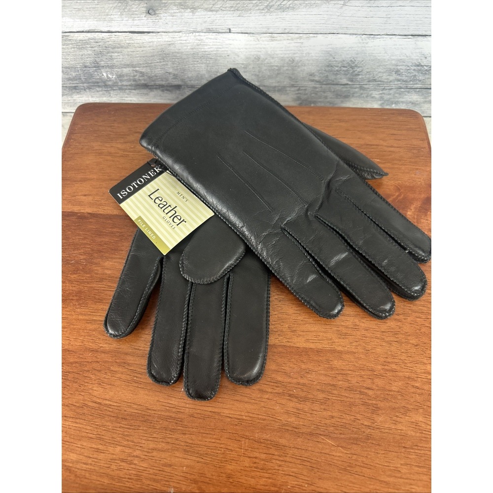 Isotoner Men's Black Leather Pile Lined Gloves Medium